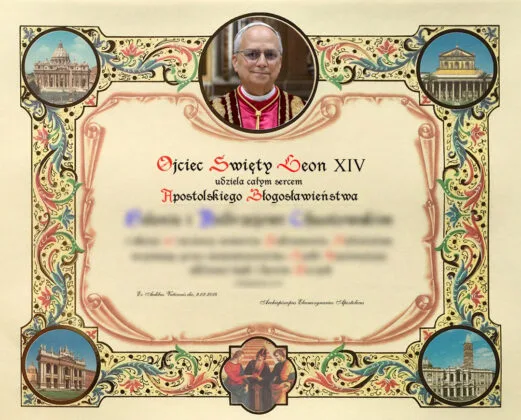 Błogosławieństwo papieskie — dyplom na pergaminie 1 Watykan — dyplom błogosławieństwa papieskiego na pergaminie
