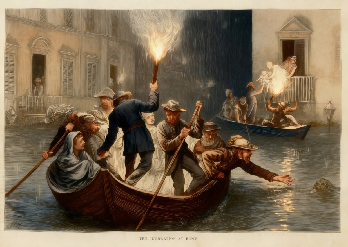Wielkie powodzie Tybru — tragiczne dni w historii Rzymu 5 Powodzie w Rzymie - Powódź w Rzymie w 1870 roku — dawna ilustracja